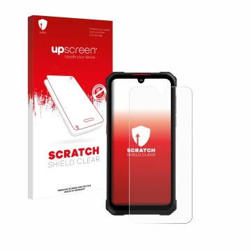 Parte frontale di una confezione del prodotto con il logo del marchio upscreen. Accanto è raffigurato il dispositivo Hotwav Cy