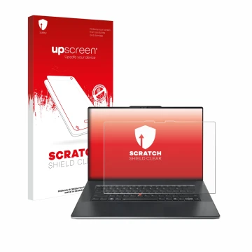 Parte frontale di una confezione del prodotto con il logo del marchio upscreen. Accanto è raffigurato il dispositivo Lenovo Th