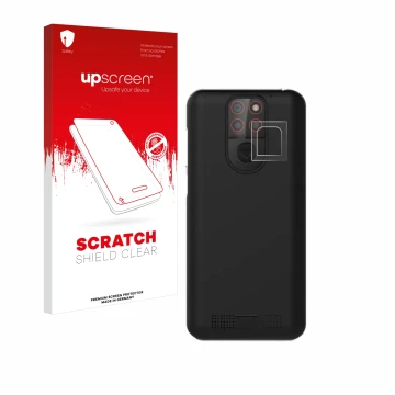 Parte frontale di una confezione del prodotto con il logo del marchio upscreen. Accanto è raffigurato il dispositivo Emporia S