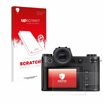 Parte frontale di una confezione del prodotto con il logo del marchio upscreen. Accanto è raffigurato il dispositivo Leica SL3