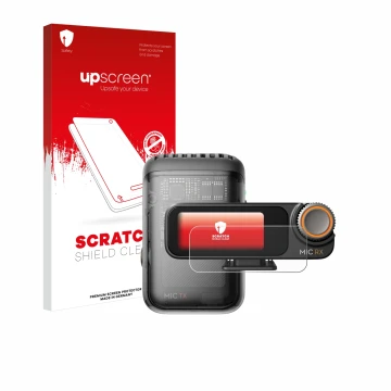 Parte frontale di una confezione del prodotto con il logo del marchio upscreen. Accanto è raffigurato il dispositivo DJI Mic 2