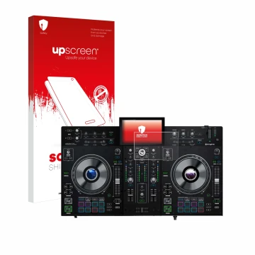 Parte frontale di una confezione del prodotto con il logo del marchio upscreen. Accanto è raffigurato il dispositivo Denon DJ 