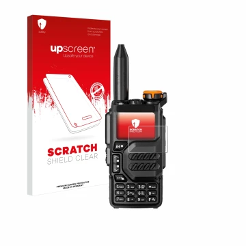 Parte frontale di una confezione del prodotto con il logo del marchio upscreen. Accanto è raffigurato il dispositivo Quansheng