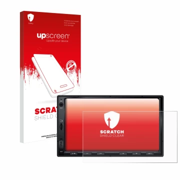 Parte frontale di una confezione del prodotto con il logo del marchio upscreen. Accanto è raffigurato il dispositivo Atoto F7 