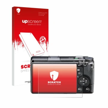 Parte frontale di una confezione del prodotto con il logo del marchio upscreen. Accanto è raffigurato il dispositivo Ricoh GR 