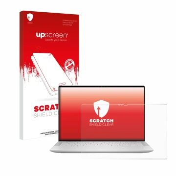 Parte frontale di una confezione del prodotto con il logo del marchio upscreen. Accanto è raffigurato il dispositivo Dell XPS 