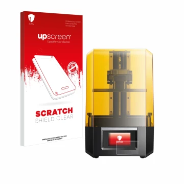 Parte frontale di una confezione del prodotto con il logo del marchio upscreen. Accanto è raffigurato il dispositivo Anycubic 