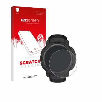Parte frontale di una confezione del prodotto con il logo del marchio upscreen. Accanto è raffigurato il dispositivo Garmin In