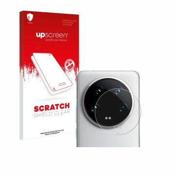 Parte frontale di una confezione del prodotto con il logo del marchio upscreen. Accanto è raffigurato il dispositivo Xiaomi 14