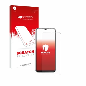 Parte frontale di una confezione del prodotto con il logo del marchio upscreen. Accanto è raffigurato il dispositivo Emporia M