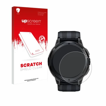 Parte frontale di una confezione del prodotto con il logo del marchio upscreen. Accanto è raffigurato il dispositivo Oukitel B