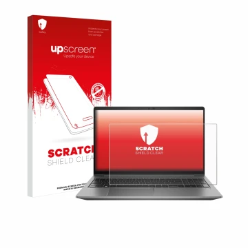 Parte frontale di una confezione del prodotto con il logo del marchio upscreen. Accanto è raffigurato il dispositivo HP Zbook 