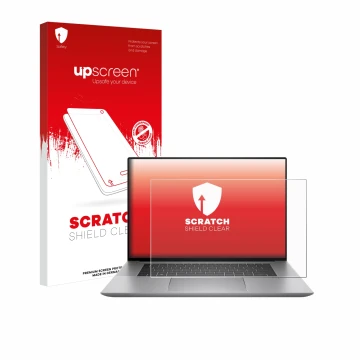Parte frontale di una confezione del prodotto con il logo del marchio upscreen. Accanto è raffigurato il dispositivo HP Zbook 