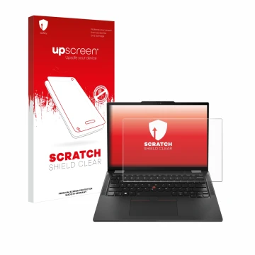 Parte frontale di una confezione del prodotto con il logo del marchio upscreen. Accanto è raffigurato il dispositivo Lenovo Th
