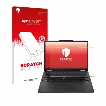 Parte frontale di una confezione del prodotto con il logo del marchio upscreen. Accanto è raffigurato il dispositivo Lenovo Th