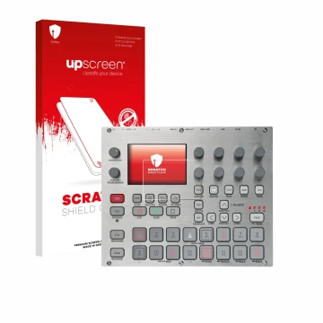Parte frontale di una confezione del prodotto con il logo del marchio upscreen. Accanto è raffigurato il dispositivo Elektron 