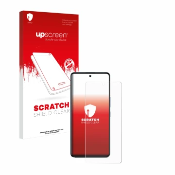 Parte frontale di una confezione del prodotto con il logo del marchio upscreen. Accanto è raffigurato il dispositivo Infinix G