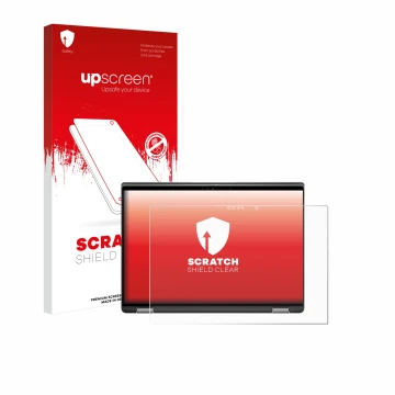 Parte frontale di una confezione del prodotto con il logo del marchio upscreen. Accanto è raffigurato il dispositivo Dell Lati