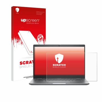 Parte frontale di una confezione del prodotto con il logo del marchio upscreen. Accanto è raffigurato il dispositivo Dell Lati