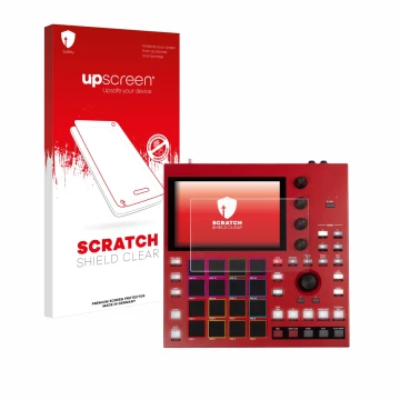 Parte frontale di una confezione del prodotto con il logo del marchio upscreen. Accanto è raffigurato il dispositivo Akai MPC 