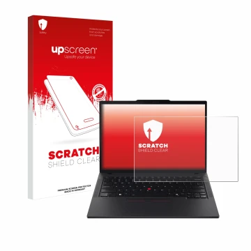 Parte frontale di una confezione del prodotto con il logo del marchio upscreen. Accanto è raffigurato il dispositivo Lenovo Th