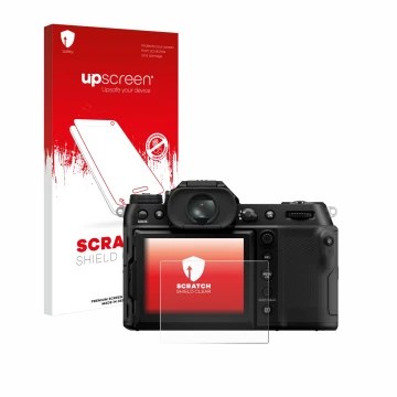 Parte frontale di una confezione del prodotto con il logo del marchio upscreen. Accanto è raffigurato il dispositivo Fujifilm 