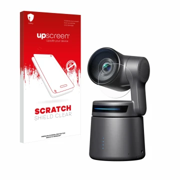 Parte frontale di una confezione del prodotto con il logo del marchio upscreen. Accanto è raffigurato il dispositivo OBSBOT Ta