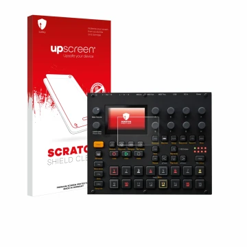 Parte frontale di una confezione del prodotto con il logo del marchio upscreen. Accanto è raffigurato il dispositivo Elektron 