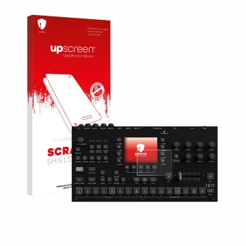Parte frontale di una confezione del prodotto con il logo del marchio upscreen. Accanto è raffigurato il dispositivo Elektron 
