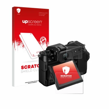 Parte frontale di una confezione del prodotto con il logo del marchio upscreen. Accanto è raffigurato il dispositivo Fujifilm 