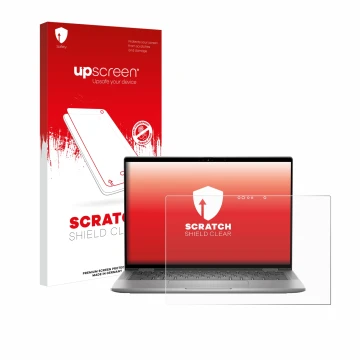 Parte frontale di una confezione del prodotto con il logo del marchio upscreen. Accanto è raffigurato il dispositivo Dell Lati