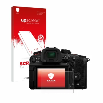 Parte frontale di una confezione del prodotto con il logo del marchio upscreen. Accanto è raffigurato il dispositivo Panasonic
