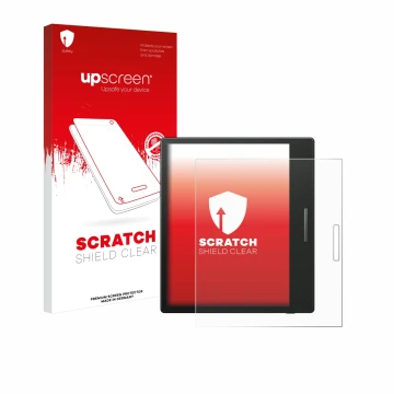 Parte frontale di una confezione del prodotto con il logo del marchio upscreen. Accanto è raffigurato il dispositivo Boox Go C