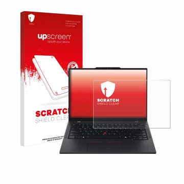 Parte frontale di una confezione del prodotto con il logo del marchio upscreen. Accanto è raffigurato il dispositivo Lenovo Th