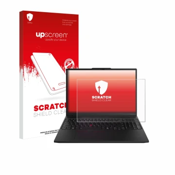 Parte frontale di una confezione del prodotto con il logo del marchio upscreen. Accanto è raffigurato il dispositivo Lenovo Th
