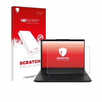 Parte frontale di una confezione del prodotto con il logo del marchio upscreen. Accanto è raffigurato il dispositivo Lenovo Th