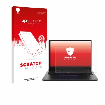 Parte frontale di una confezione del prodotto con il logo del marchio upscreen. Accanto è raffigurato il dispositivo Lenovo Th