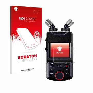 Parte frontale di una confezione del prodotto con il logo del marchio upscreen. Accanto è raffigurato il dispositivo Tascam Po