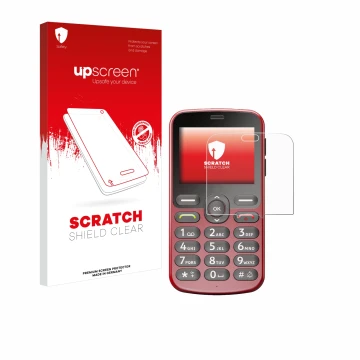 Parte frontale di una confezione del prodotto con il logo del marchio upscreen. Accanto è raffigurato il dispositivo Doro 1880