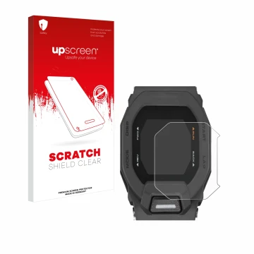 Parte frontale di una confezione del prodotto con il logo del marchio upscreen. Accanto è raffigurato il dispositivo Casio G-S