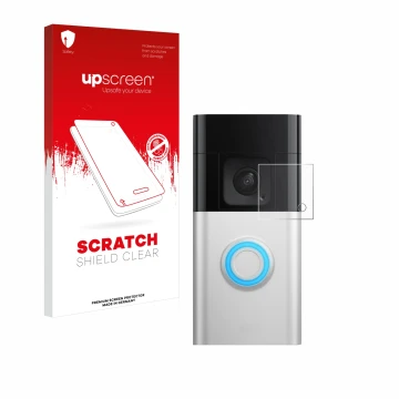 Parte frontale di una confezione del prodotto con il logo del marchio upscreen. Accanto è raffigurato il dispositivo Ring Batt