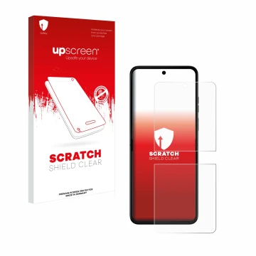 Parte frontale di una confezione del prodotto con il logo del marchio upscreen. Accanto è raffigurato il dispositivo Motorola 