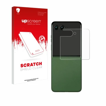 Parte frontale di una confezione del prodotto con il logo del marchio upscreen. Accanto è raffigurato il dispositivo Motorola 