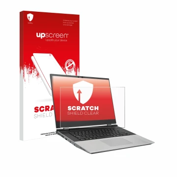 Parte frontale di una confezione del prodotto con il logo del marchio upscreen. Accanto è raffigurato il dispositivo Framework