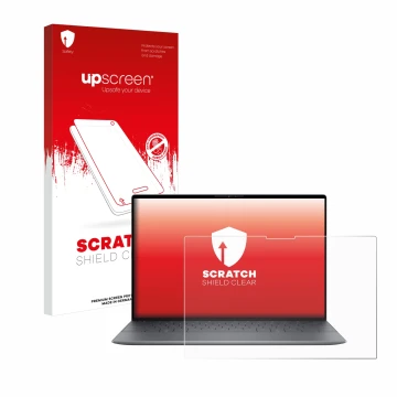 Parte frontale di una confezione del prodotto con il logo del marchio upscreen. Accanto è raffigurato il dispositivo Dell XPS 