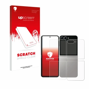 Parte frontale di una confezione del prodotto con il logo del marchio upscreen. Accanto è raffigurato il dispositivo Samsung G