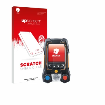 Parte frontale di una confezione del prodotto con il logo del marchio upscreen. Accanto è raffigurato il dispositivo Testo 550