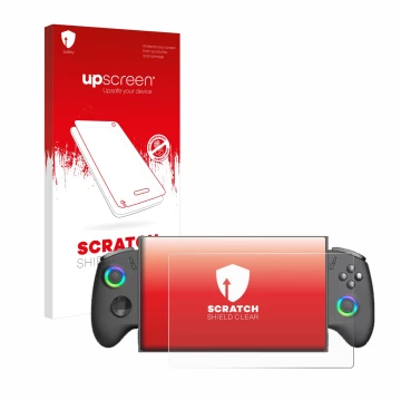 Parte frontale di una confezione del prodotto con il logo del marchio upscreen. Accanto è raffigurato il dispositivo OneXPlaye