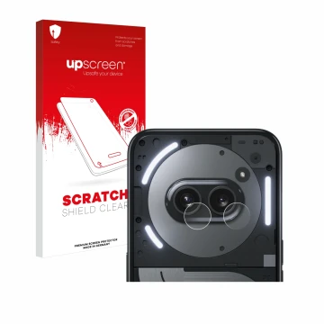 Parte frontale di una confezione del prodotto con il logo del marchio upscreen. Accanto è raffigurato il dispositivo Nothing P