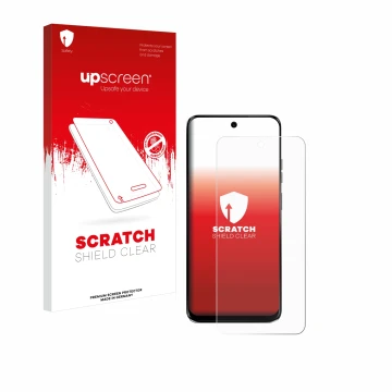 Parte frontale di una confezione del prodotto con il logo del marchio upscreen. Accanto è raffigurato il dispositivo Motorola 